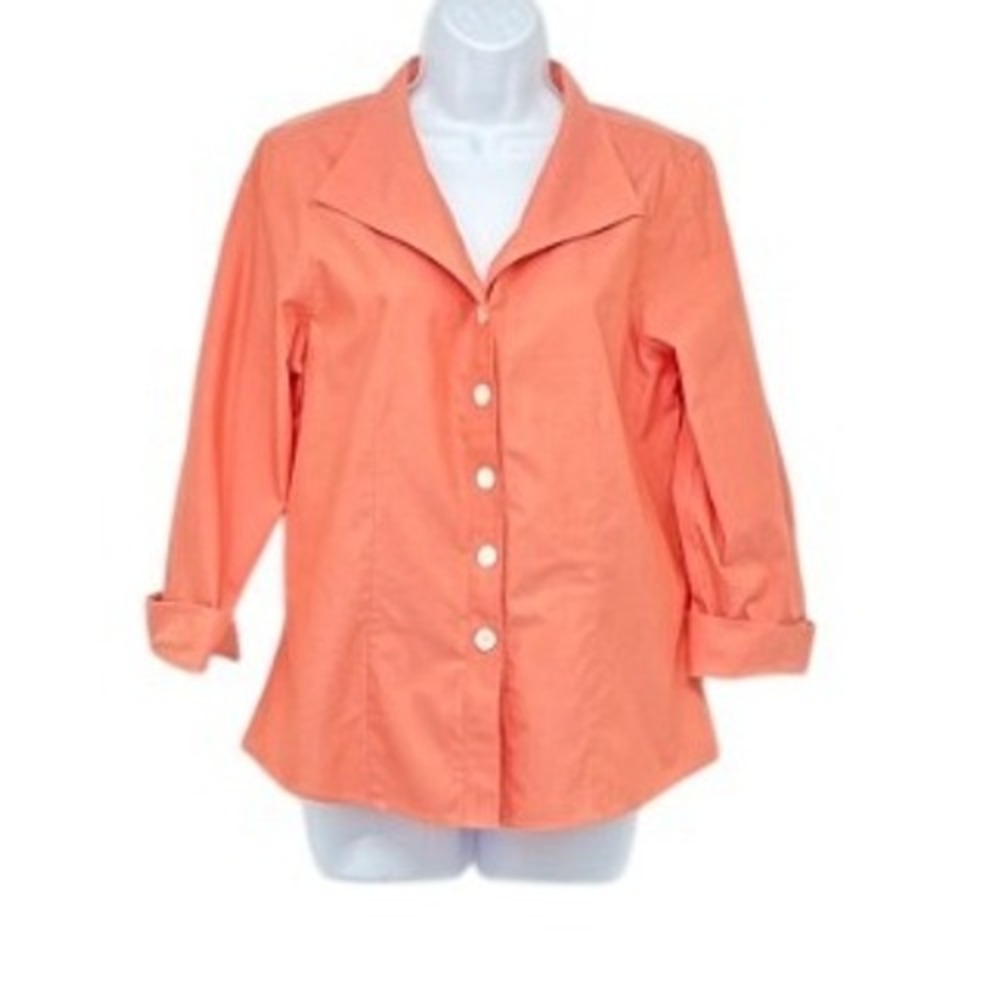 Coldwater Creek Button Down Top Roll Tab Sleeve Cotton Peachy‎ Coral Orange SZ M